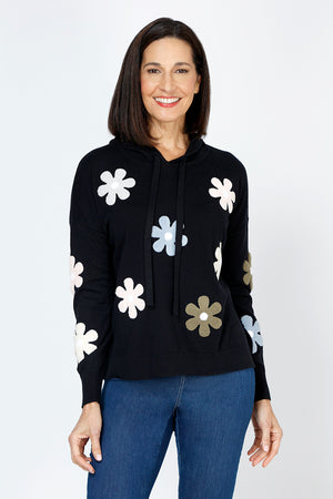 Lolo Luxe Pastel Flower Hoodie in Black.  Textured felt floral applique in soft pastel colors in front and sleeves.  Plain back.  Crew neck with attached drawstring hood.  Long sleeves.  Rib trim at neck, hem and cuff.  Side slits. Relaxed fit._59777370915182