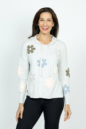 Lolo Luxe Pastel Flower Hoodie in Silver.  Textured felt floral applique in soft pastel colors in front and sleeves.  Plain back.  Crew neck with attached drawstring hood.  Long sleeves.  Rib trim at neck, hem and cuff.  Side slits. Relaxed fit._59688605385070