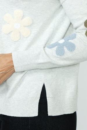 Lolo Luxe Pastel Flower Hoodie in Silver.  Textured felt floral applique in soft pastel colors in front and sleeves.  Plain back.  Crew neck with attached drawstring hood.  Long sleeves.  Rib trim at neck, hem and cuff.  Side slits. Relaxed fit._59688605352302