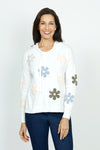 Lolo Luxe Pastel Flower Hoodie in White.  Textured felt floral applique in soft pastel colors in front and sleeves.  Plain back.  Crew neck with attached drawstring hood.  Long sleeves.  Rib trim at neck, hem and cuff.  Side slits. Relaxed fit._t_59688605253998