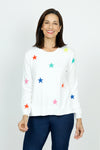 Lolo Luxe Multi Star Crew Sweater in White.  Multicolored intarsia knit stars on front and sleeves.  Plain back.  Long sleeves.  Rib trim at neck, hem and cuff.  Side slits.  Relaxed fit._t_59742193516910