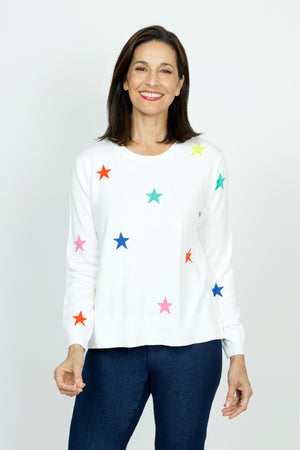 Lolo Luxe Multi Star Crew Sweater in White.  Multicolored intarsia knit stars on front and sleeves.  Plain back.  Long sleeves.  Rib trim at neck, hem and cuff.  Side slits.  Relaxed fit._59742193516910