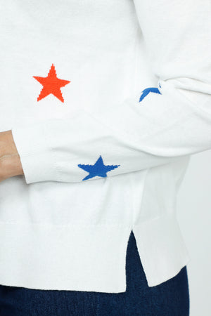 Lolo Luxe Multi Star Crew Sweater in White.  Multicolored intarsia knit stars on front and sleeves.  Plain back.  Long sleeves.  Rib trim at neck, hem and cuff.  Side slits.  Relaxed fit._59742193582446