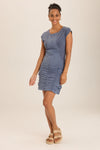 Wearables Aviana Dress in Hynotic, a slate blue.  Crew neck short sleeve dress with ruching through skirt.  Cotton poplin with jersey inserts on top to create contour seam effect.  Fitted.  _t_59797449605486