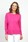 Metric Pull Over Seam Sweater in Pink Palms.  Crew neck long sleeve sweater with center raised seams.  Deep rib trim at hem and cuff.  Rolled neckline.  Relaxed fit._t_59611327267182