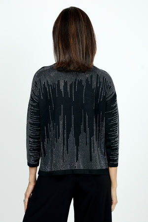 Metric Cascading Sequin Pullover in Black.  Cascading rhinestone sequins on front, back and sleeves.  Crew neck 3/4 sleeve knit with rib trim at neck, hem and cuff.  Relaxed fit._52985480118638