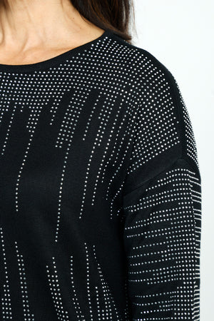 Metric Cascading Sequin Pullover in Black.  Cascading rhinestone sequins on front, back and sleeves.  Crew neck 3/4 sleeve knit with rib trim at neck, hem and cuff.  Relaxed fit._52985480020334