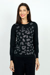 Metric Sequin Shapes Sweater in black.  Abstract shapes on front formed from rhinestone studs look like animal print.  Crew neck long sleeve sweater.  Rib trim at neck hem and cuff.  Rhinestone shape insignia at back neck.  Relaxed fit._t_52985411371374