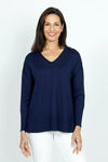 Metric V Neck Ribbed Bottom Sweater in Navy.  V neck long sleeve sweater. Raised front center seam.  Dropped shoulder.  Deep rib trim at hem and cuff._t_59421883105646