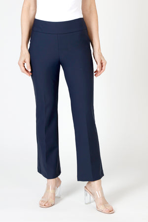 Holland Ave Ponte Boot Cut Pant in Navy.  2 1/2" waistband pull on pant.  Slim through thigh; flares to hem.  29" inseam._59822647771502