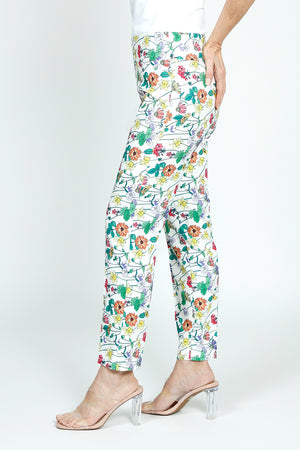 Holland Ave Bright Floral Ankle Pant with Pockets.  Soft ponte pull on pant with 2 1/2" curved waist band.  2 front slash pockets.  Snug through hip.  Slim through leg.  28" inseam._59540760887662