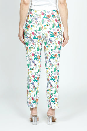 Holland Ave Bright Floral Ankle Pant with Pockets.  Soft ponte pull on pant with 2 1/2" curved waist band.  2 front slash pockets.  Snug through hip.  Slim through leg.  28" inseam._59540760920430