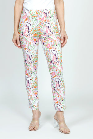 Holland Ave Abstract Butterfly Ankle Pant.  Abstract butterfly print in shades of pink, orange, green and black on a white background.  2 1/2" curved pull on waistband.  Snug through hip and thigh, falls straight to hem.  slim leg.  28" inseam._59575591993710