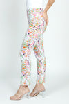 Holland Ave Abstract Butterfly Ankle Pant.  Abstract butterfly print in shades of pink, orange, green and black on a white background.  2 1/2" curved pull on waistband.  Snug through hip and thigh, falls straight to hem.  slim leg.  28" inseam._t_59575591960942