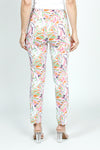 Holland Ave Abstract Butterfly Ankle Pant.  Abstract butterfly print in shades of pink, orange, green and black on a white background.  2 1/2" curved pull on waistband.  Snug through hip and thigh, falls straight to hem.  slim leg.  28" inseam._t_59575591928174