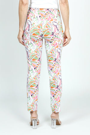 Holland Ave Abstract Butterfly Ankle Pant.  Abstract butterfly print in shades of pink, orange, green and black on a white background.  2 1/2" curved pull on waistband.  Snug through hip and thigh, falls straight to hem.  slim leg.  28" inseam._59575591928174