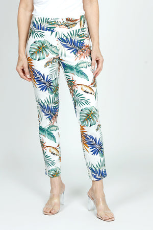 Holland Ave Tropical Leaves Ankle Pant.  Green, blue and orange large palm leaf print on an ivory background.  2 1/2" curved elastic waistband.  Snug through hip and thigh, slim through leg.  28" inseam._59575599366510