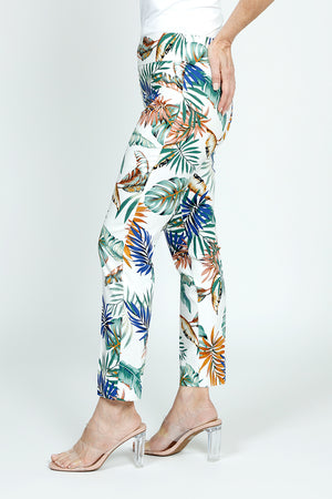 Holland Ave Tropical Leaves Ankle Pant.  Green, blue and orange large palm leaf print on an ivory background.  2 1/2" curved elastic waistband.  Snug through hip and thigh, slim through leg.  28" inseam._59575599300974