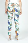 Holland Ave Tropical Leaves Ankle Pant.  Green, blue and orange large palm leaf print on an ivory background.  2 1/2" curved elastic waistband.  Snug through hip and thigh, slim through leg.  28" inseam._t_59575599333742