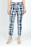 Holland Ave Brushed Grids Ankle Pant.  White grid print on navy.  2 1/2" curved elastic waistband.  Snug through hip and thigh, slim to hem.  28" inseam._t_59575678697838