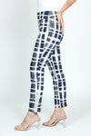 Holland Ave Brushed Grids Ankle Pant.  White grid print on navy.  2 1/2" curved elastic waistband.  Snug through hip and thigh, slim to hem.  28" inseam._t_59575678632302