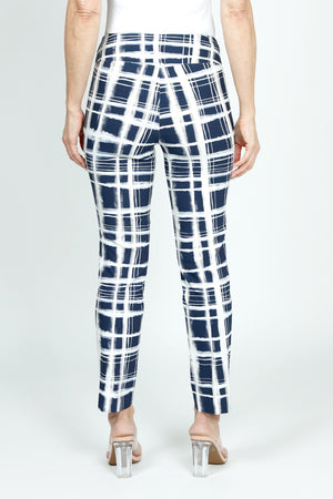 Holland Ave Brushed Grids Ankle Pant.  White grid print on navy.  2 1/2" curved elastic waistband.  Snug through hip and thigh, slim to hem.  28" inseam._59575678665070