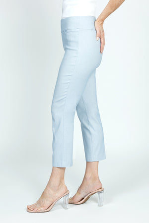 Holland Ave Brushed Twill Crop in Sky.  Brushed twill/ linen blend with flecks of beige.  Pull on pant with 2 1/2" curved waistband.  Snug through hip.  Slim through leg.  25" inseam._59490947367278