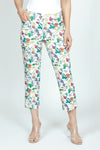 Holland Ave Bright Floral Crop with Pockets.  Soft ponte pull on pant with 2 1/2" curved waist band.  2 front slash pockets.  Snug through hip.  Slim through leg.  25" inseam._t_59490950054254