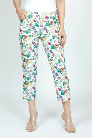 Holland Ave Bright Floral Crop with Pockets.  Soft ponte pull on pant with 2 1/2" curved waist band.  2 front slash pockets.  Snug through hip.  Slim through leg.  25" inseam._59490950054254