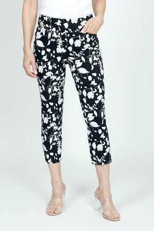 Holland Ave Midnight Garden Crop Pant in Black/White.  2 1/2" curved elasticized waist with 2 front slash pockets.  Snug through hip; slim through thigh and leg.  25" inseam._59490952380782