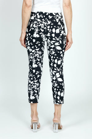 Holland Ave Midnight Garden Crop Pant in Black/White.  2 1/2" curved elasticized waist with 2 front slash pockets.  Snug through hip; slim through thigh and leg.  25" inseam._59490952446318