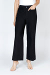 Holland Ave Lizzie Patch Pocket Wide Leg Pant in Black.  Pull on pant with faux zipper placket and button.  2 front patch pockets.  2 rear patch pockets.  Snug through stomach, relaxed through hip and leg.  10" leg opening.  28" inseam._t_59765783429486