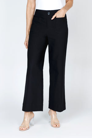 Holland Ave Lizzie Patch Pocket Wide Leg Pant in Black.  Pull on pant with faux zipper placket and button.  2 front patch pockets.  2 rear patch pockets.  Snug through stomach, relaxed through hip and leg.  10" leg opening.  28" inseam._59765783429486