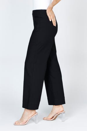 Holland Ave Lizzie Patch Pocket Wide Leg Pant in Black.  Pull on pant with faux zipper placket and button.  2 front patch pockets.  2 rear patch pockets.  Snug through stomach, relaxed through hip and leg.  10" leg opening.  28" inseam._59765783724398