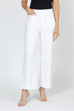 Holland Ave Lizzie Patch Pocket Wide Leg Pant in White.  Pull on pant with faux zipper placket and button.  2 front patch pockets.  2 rear patch pockets.  Snug through stomach, relaxed through hip and leg.  10" leg opening.  28" inseam._59765783626094