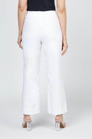 Holland Ave Lizzie Patch Pocket Wide Leg Pant in White.  Pull on pant with faux zipper placket and button.  2 front patch pockets.  2 rear patch pockets.  Snug through stomach, relaxed through hip and leg.  10" leg opening.  28" inseam._59765783789934