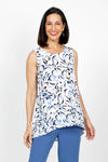 Habitat Travel Swing Pocket Tunic in Twilight.  Black and blue floral on a white background.  Crew neck sleeveless tunic with inset panel at hem.  High low hem.  2 front slanted pockets with solid blue trim.  Relaxed fit._t_35135282381000