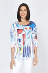 Top Ligne Primary Colors Crew Top.  Bright blue, red, purple and yellow shapes and line print on white.  Crew neck slub knit with 3/4 sleeve.  Curved hem.  Relaxed fit._t_59777618575726