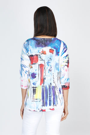 Top Ligne Primary Colors Crew Top.  Bright blue, red, purple and yellow shapes and line print on white.  Crew neck slub knit with 3/4 sleeve.  Curved hem.  Relaxed fit._59777618542958