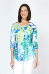 Top Ligne Multi Leaves Crew in Turquoise.  Bright blue and green print.  Crew neck 3/4 sleeve knit top  with curved hem.  Relaxed fit._t_59777722319214