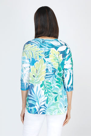 Top Ligne Multi Leaves Crew in Turquoise.  Bright blue and green print.  Crew neck 3/4 sleeve knit top  with curved hem.  Relaxed fit._59777722351982