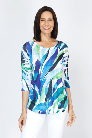 Top Ligne Streamers Print Crew Top.  Blue and green streak print n white.  Crew neck, 3/4 sleeve with curved hem.  Relaxed fit._59777631093102