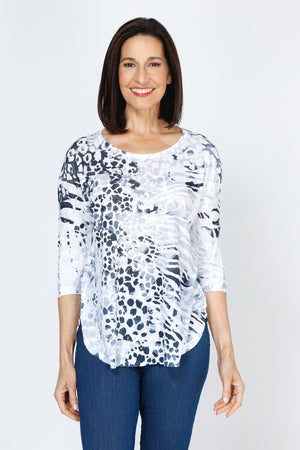 Top Ligne Animal Print Crew. Black abstract animal print on White.  Crew neck 3/4 sleeve top with curved hem.  Slub knit.  Relaxed fit._59777571455342