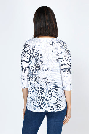 Top Ligne Animal Print Crew. Black abstract animal print on White.  Crew neck 3/4 sleeve top with curved hem.  Slub knit.  Relaxed fit._59777571422574