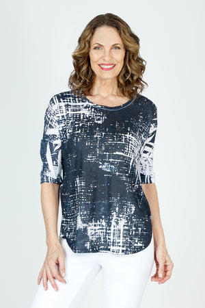 Top Ligne Crosshatch Print Top in Black/White.  Textured slub knit screen print.  Scoop round neck with 3/4 sleeve. Dropped shoulder.  Center back seam. Curved hem. Relaxed fit._59702327050606