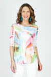 Top Ligne Abstract Pastels Top in Multi.  Textured slub knit with soft pastel screen print.  Scooped round neck. 3/4 sleeve.  Drop shoulder.  Curved hem.  Relaxed fit._t_59702334554478