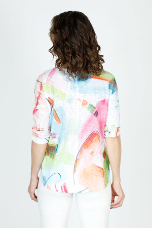 Top Ligne Abstract Pastels Top in Multi.  Textured slub knit with soft pastel screen print.  Scooped round neck. 3/4 sleeve.  Drop shoulder.  Curved hem.  Relaxed fit._59702334521710