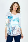 Top Ligne Beachside Print Crew in Multi.  Large screenprint beach scene.  Scooped round neck 3/4 sleeve slub knit top. Drop shoulder.  Curved hem. Relaxed fit._t_59702225797486