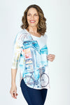 Top Ligne Beachside Print Crew in Multi.  Large screenprint beach scene.  Scooped round neck 3/4 sleeve slub knit top. Drop shoulder.  Curved hem. Relaxed fit._t_59702225863022