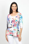 Top Ligne Round Neck Flowers Top in Multi.  Bright floral print on a white background.  Scooped rounded neck with 3/4 sleeve.  Asymmetric front slit with clear sequin trim.  Relaxed fit._t_35032526029000